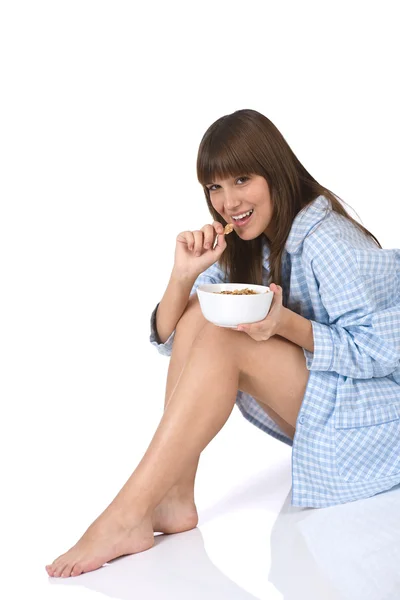 Smiling Female Teenager Eat Healthy Whole Wheat Cereal Breakfast — Stock Photo, Image