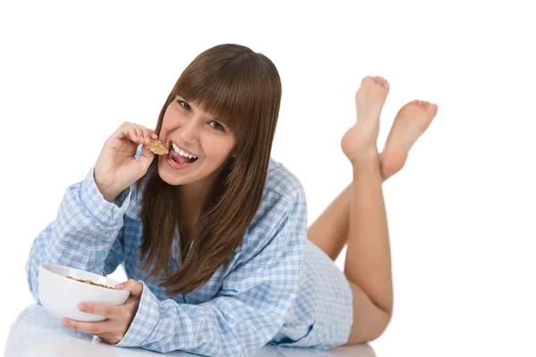 Uśmiechający Się Kobiece Kobieta Młody Nastolatek Jeść Zdrowe Całe Pszenicy — Zdjęcie stockowe