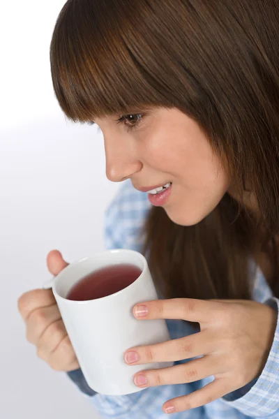 Female Teenager Pajamas Cup Tea Breakfast — Stock Photo, Image