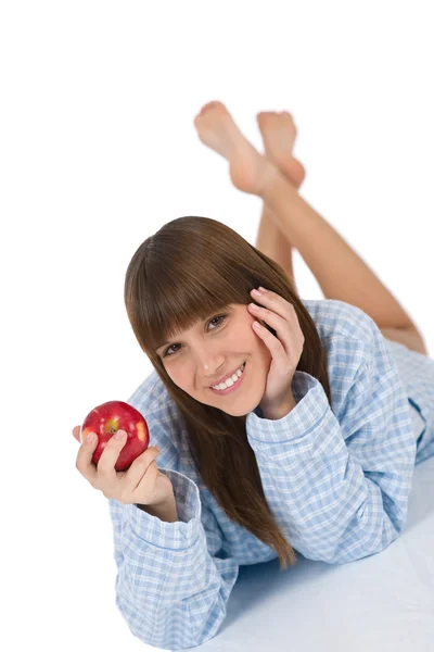 Szczęśliwy nastolatek jeść zdrowe firmy apple na śniadanie — Zdjęcie stockowe