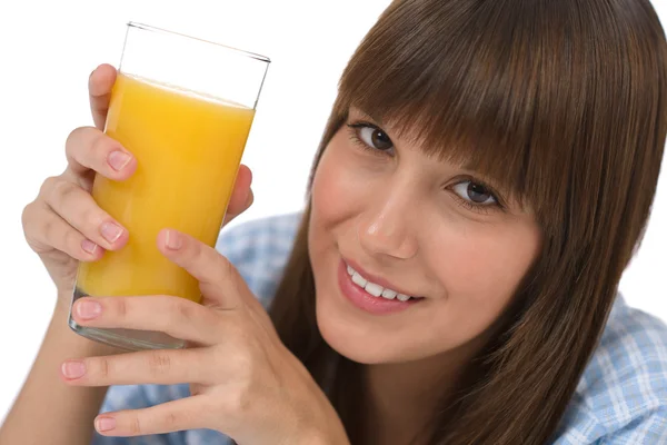 Kobieta Nastolatka Szkła Zdrowy Sok Pomarańczowy Śniadanie — Zdjęcie stockowe