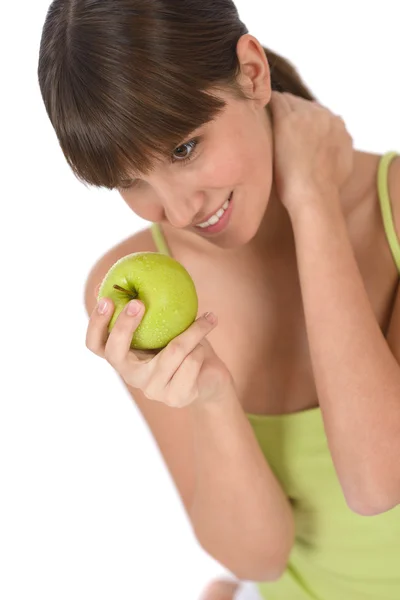 Ευτυχισμένη γυναίκα έφηβος με υγιή της apple — Φωτογραφία Αρχείου