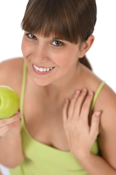 Happy Female Teenager Green Healthy Apple — 스톡 사진