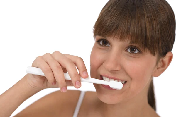 Lichaamsverzorging Vrouwelijke Tiener Tandenpoetsen Met Witte Tandenborstel — Stockfoto