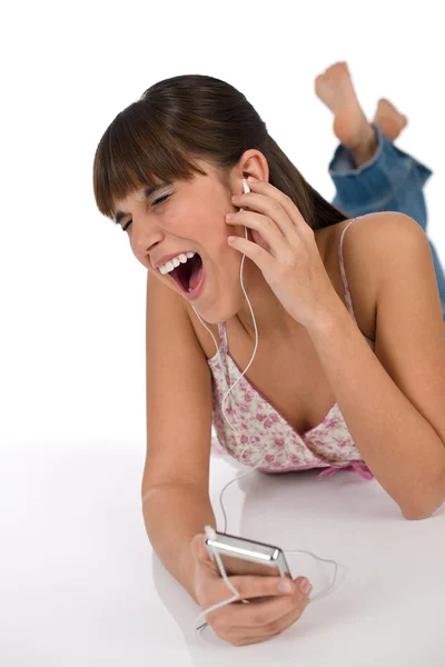 Student Šťastné Ženy Teenager Poslouchat Hudbu Ucha Pupeny Drží Mp3 — Stock fotografie