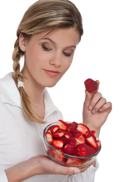 Serie Gesunder Lebensstil Frau Mit Erdbeere Auf Weißem Hintergrund — Stockfoto