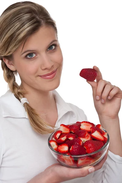 Hälsosam livsstil-serien - leende kvinna med jordgubbe — Stockfoto