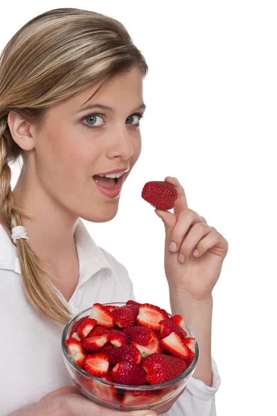 Serie Über Gesunden Lebensstil Frau Isst Erdbeere Auf Weißem Hintergrund — Stockfoto