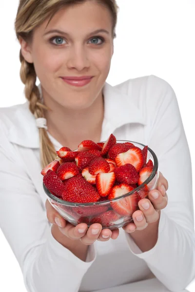 Serie Über Gesunden Lebensstil Frau Und Schüssel Erdbeeren Auf Weißem — Stockfoto