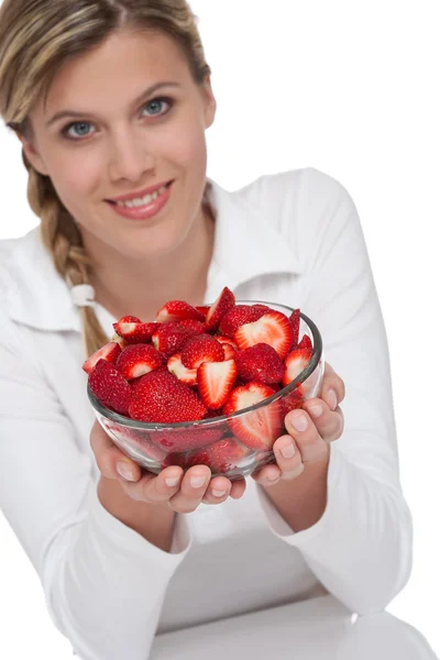 Healthy Lifestyle Series Woman Holding Bowl Strawberries White Background — 스톡 사진