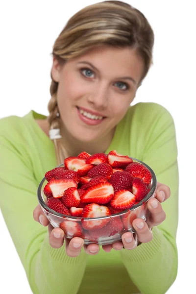 Healthy Lifestyle Series Woman Holding Bowl Strawberries White Background — Stock Photo, Image