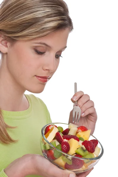 Healthy Lifestyle Series Woman Holding Fruit Salad White Background — 스톡 사진