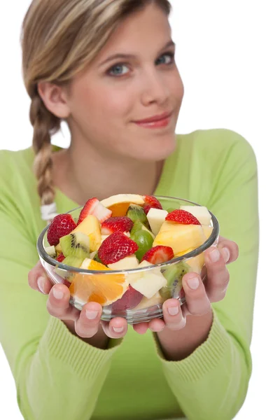 Gezonde Levensstijl Serie Vrouw Fruitsalade Witte Achtergrond Met Focus Bowl — Stockfoto