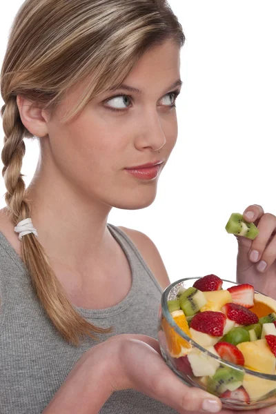 健康的なライフ スタイル シリーズ 白い背景の上のフルーツ サラダを持つ女性 — ストック写真