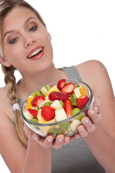 Série Estilo Vida Saudável Mulher Segurando Tigela Salada Frutas Fundo — Fotografia de Stock