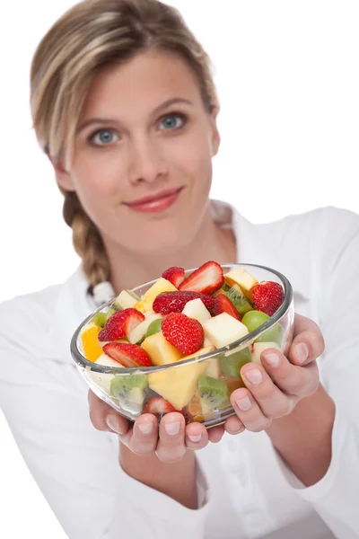 Healthy Lifestyle Series Woman Holding Fruit Salad White Background Focus — 스톡 사진