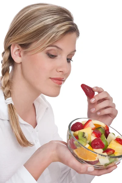 Hälsosam livsstil-serien - kvinna med jordgubbe — Stockfoto