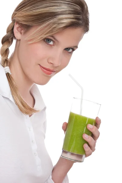 Hälsosam Livsstil Serien Kvinna Med Kiwi Juice Vit Bakgrund — Stockfoto