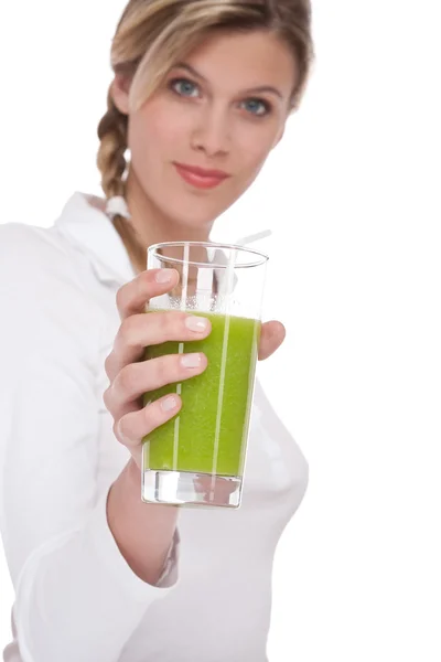 Healthy Lifestyle Series Blond Woman Holding Glass Kiwi Juice White — Stock Photo, Image
