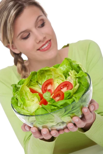 Serie Über Gesunden Lebensstil Frau Mit Salat Und Tomaten Auf — Stockfoto