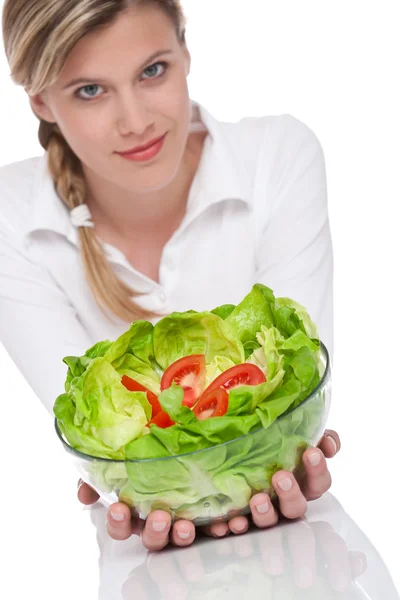 Série Estilo Vida Saudável Mulher Segurando Salada Fundo Branco Foco — Fotografia de Stock