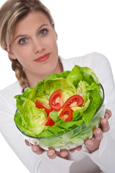 Healthy Lifestyle Series Woman Holding Bowl Salad White Background Focus — Stock Fotó