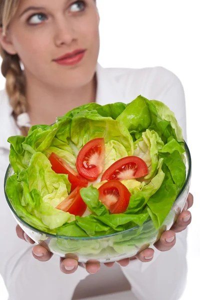 健康的生活方式系列 碗沙拉 生菜和西红柿在白色背景 重点放在沙拉上的 — 图库照片
