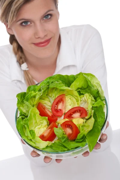 Healthy Lifestyle Series Smiling Woman Holding Salad White Background Focus — 스톡 사진