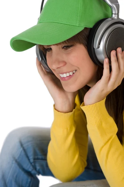 Gelukkig Vrouwelijke Tiener Genieten Van Muziek Witte Achtergrond Met Hoofdtelefoons — Stockfoto