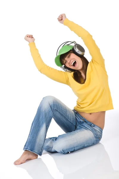 Happy Female Teenager Enjoy Music White Background Headphones Baseball Cap — 스톡 사진