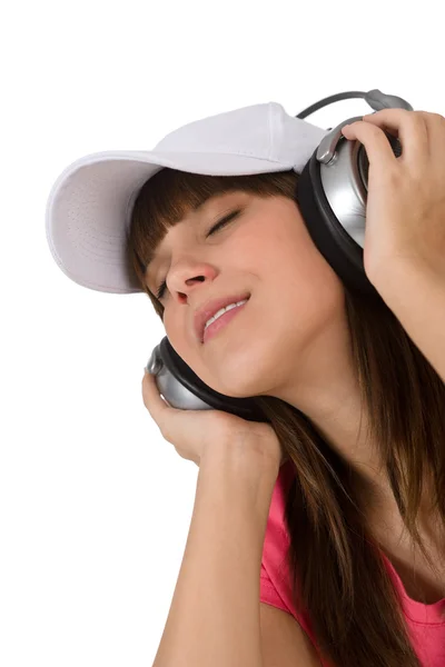 Щаслива Жінка Підліток Насолоджується Музикою Білому Тлі Навушниками Бейсбольною Шапочкою — стокове фото