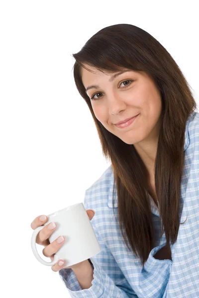 Gelukkig Jonge Vrouw Met Koffie Pyjama Witte Achtergrond — Stockfoto