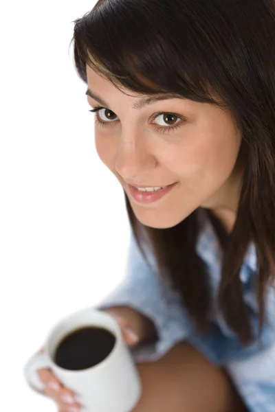 Mujer Joven Feliz Con Café Pijama Sobre Fondo Blanco —  Fotos de Stock
