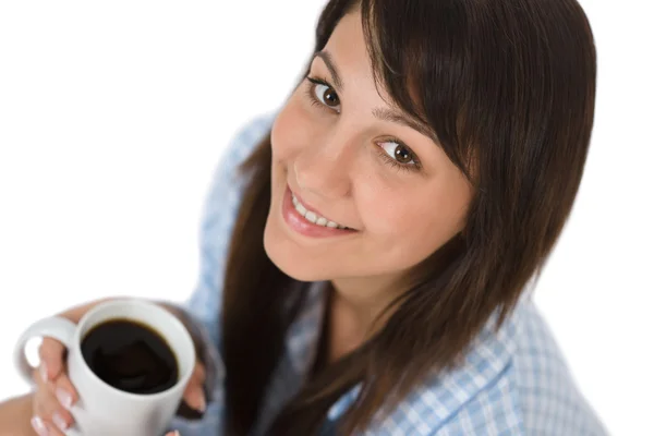 Felice giovane donna con caffè in pigiama — Foto Stock