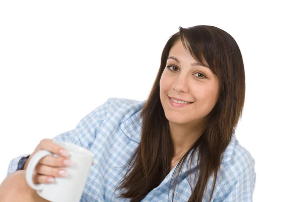 Happy Young Woman Coffee Pajamas White Background — Stock Photo, Image