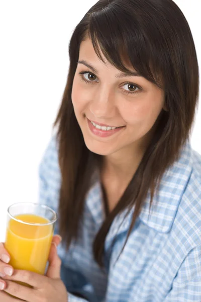 Lachende Vrouw Drankje Oranje Sap Pyjama Voor Ontbijt Witte Achtergrond — Stockfoto