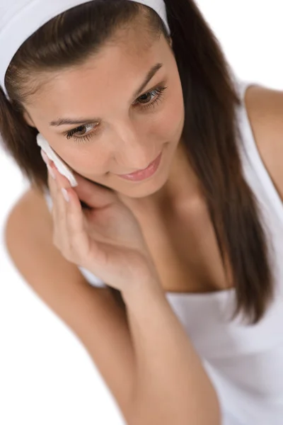 Cuidados Faciais Beleza Mulher Adolescente Limpando Pele Acne Com Almofada — Fotografia de Stock