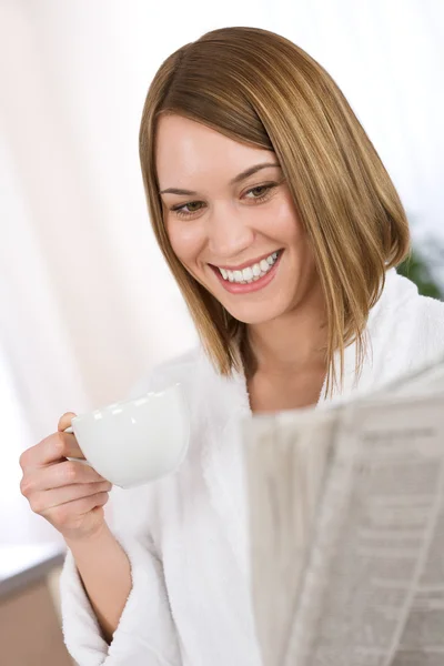 Breakfast Happy Woman Reading Newspaper Drink Coffee Wearing Bathrobe — Stock Photo, Image