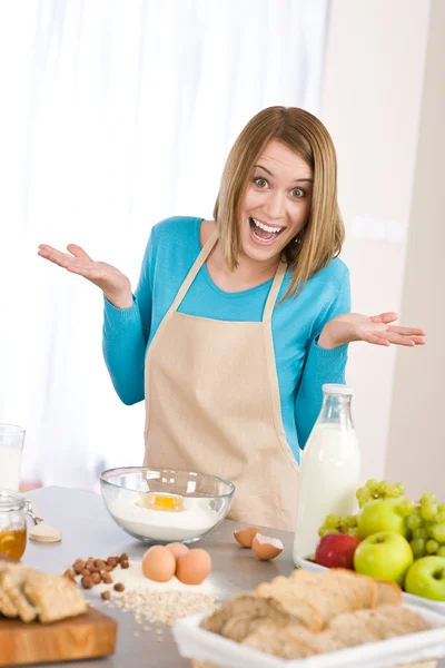 Baking Surprised Woman Prepare Fresh Ingredients Healthy Cake Dough — Stock Photo, Image