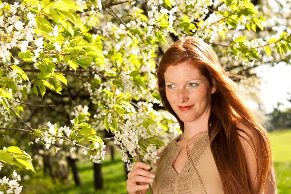 Jovem mulher desfrutando de primavera sob árvore de flor — Fotografia de Stock