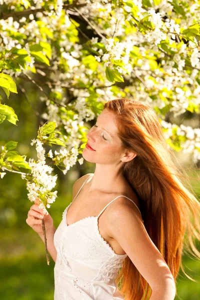 Ung Kvinna Njuter Doften Körsbärsträd Blomma Solig Dag — Stockfoto