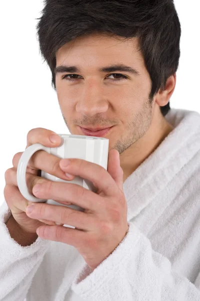 Morning Young Man Bathrobe Cup Coffee White Background — Stock Photo, Image