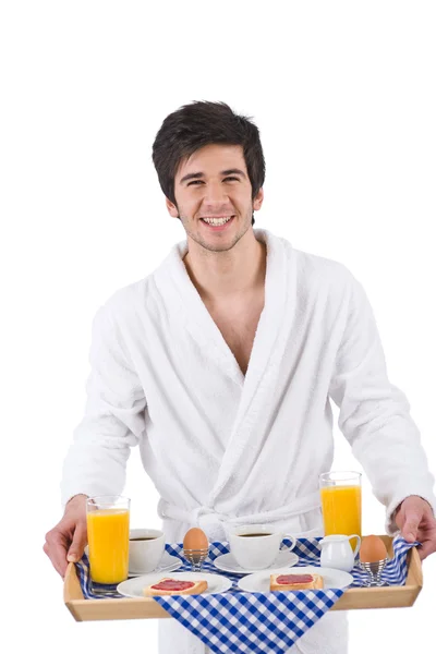 Petit déjeuner - jeune homme tenant plateau avec petit déjeuner — Photo