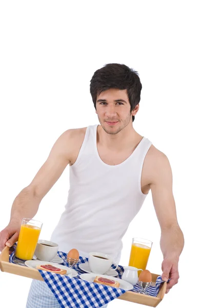 Kahvaltı Kahvaltı Tepsisiyle Beyaz Arka Plan Üzerinde Tutan Genç Adam — Stok fotoğraf