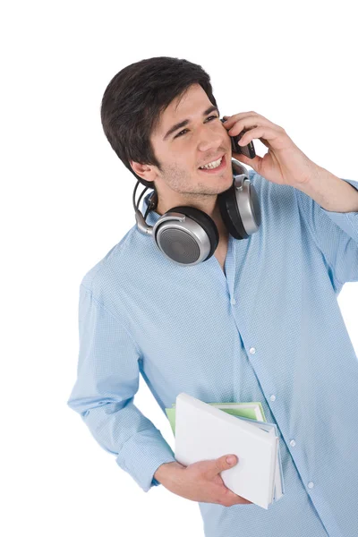 Mužské Student Volání Mobilním Telefonem Drží Knihy Bílém Pozadí — Stock fotografie