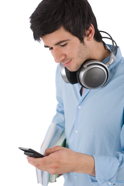Male Student Sending Text Message Holding Books White Background — Stock Photo, Image