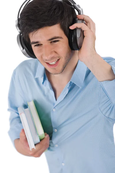 Mužský Student Sluchátka Drží Knihy Bílém Pozadí — Stock fotografie