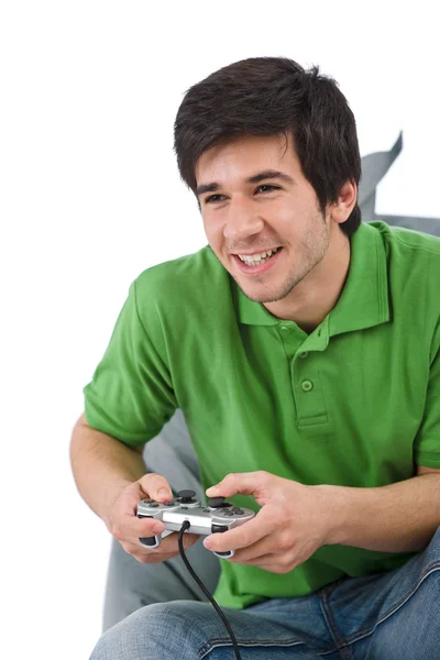 Jovem Homem Feliz Jogando Videogame Com Controle Pad Fundo Branco — Fotografia de Stock