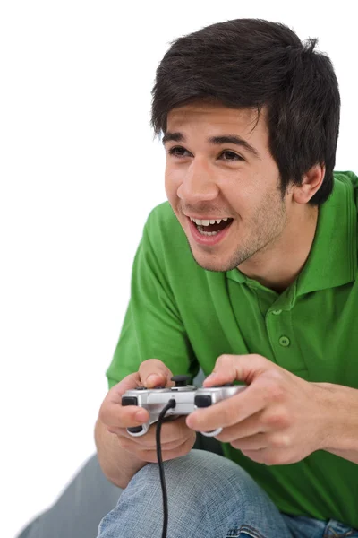 Χαρούμενος Νεαρός Παίζει Βίντεο Παιχνίδι Χειριστήριο Άσπρο Φόντο — Φωτογραφία Αρχείου