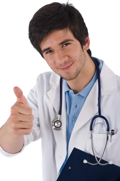 竖起大拇指 男性学生医生用听诊器在白色背景上 — 图库照片